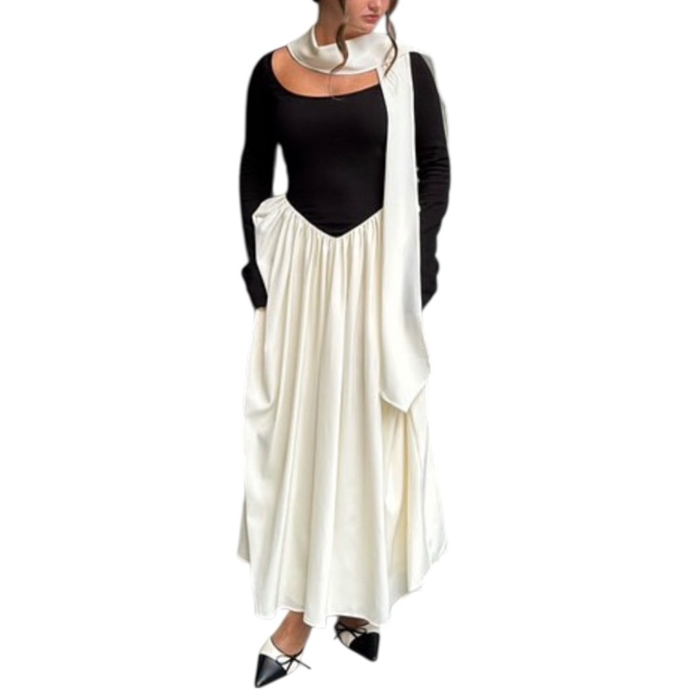THE BEKK The Claire Scarf Dress - Black & Cream Long Sleeve Maxi Dress sz XS